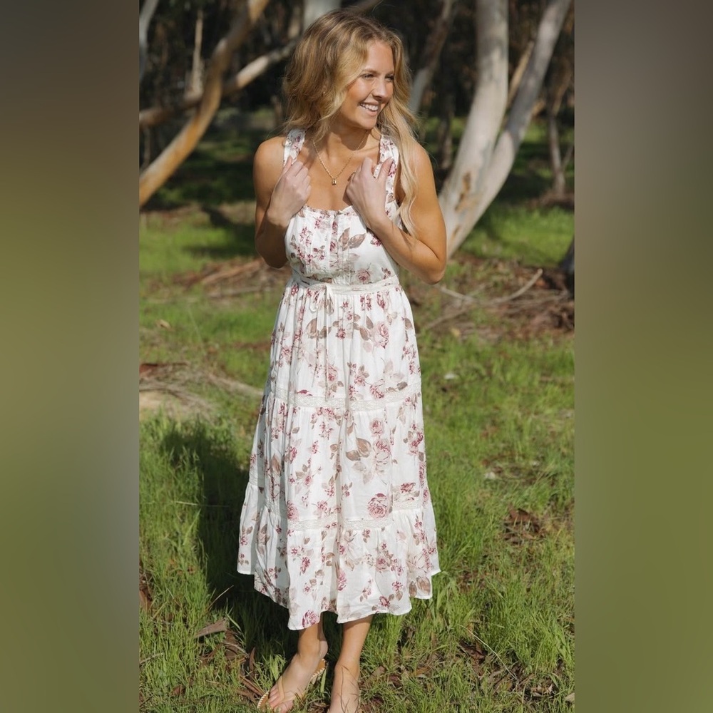 Floral Midi Dress - White with Pink Floral